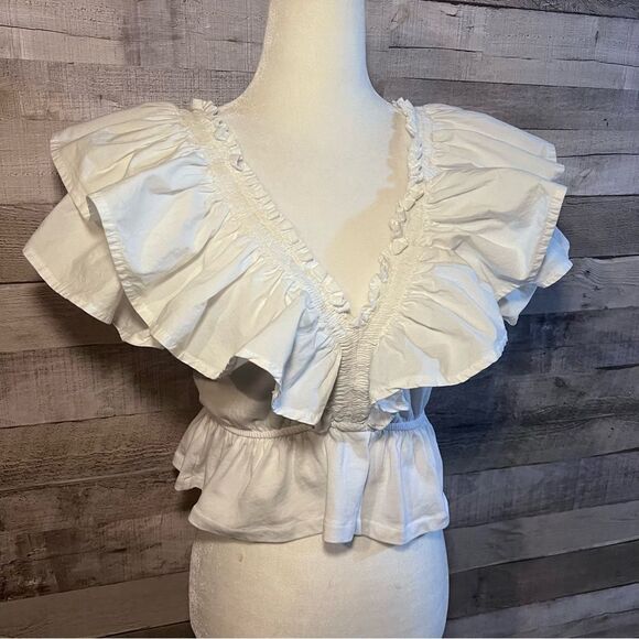 Zara White Ruffle Flounce Sleeve V-Neck Peplum Top - Picture 6 of 11